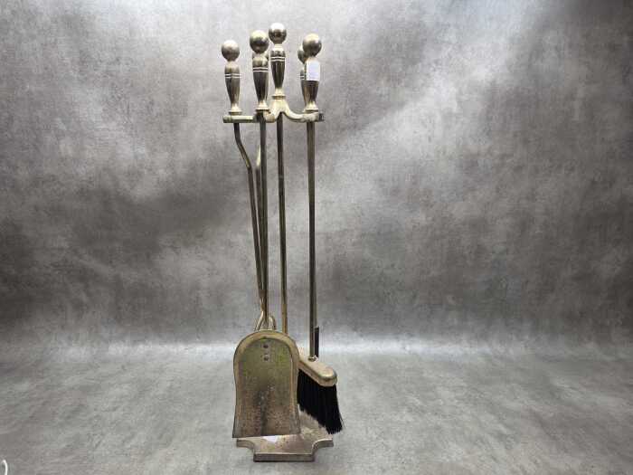 Brass fire set including brush, poker, tongs, etc.