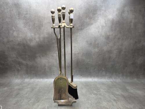 Brass fire set including brush, poker, tongs, etc.