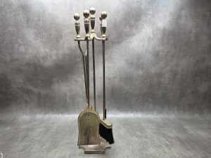 Brass fire set including brush, poker, tongs, etc.