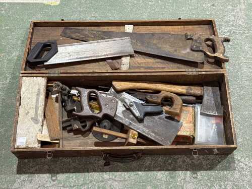 Antique timber tool chest with assorted tools