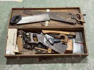 Antique timber tool chest with assorted tools