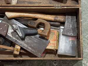Antique timber tool chest with assorted tools - 2