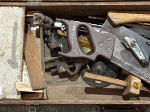Antique timber tool chest with assorted tools - 3