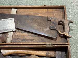 Antique timber tool chest with assorted tools - 4