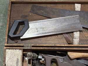 Antique timber tool chest with assorted tools - 5