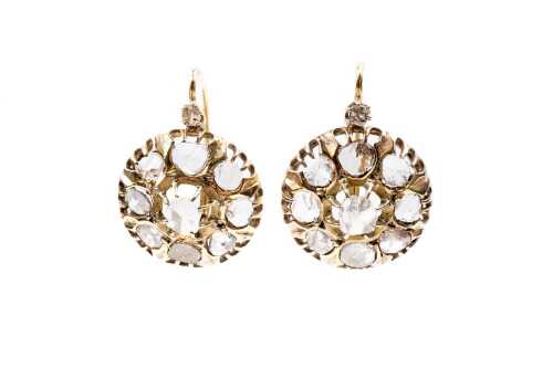 A pair of antique diamond drop earrings in 18 carat yellow gold