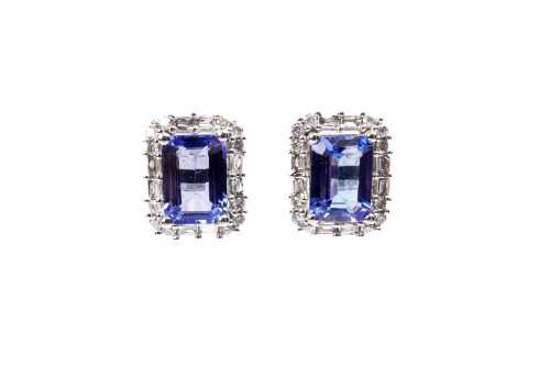 A pair of tanzanite and diamond earrings in 18 carat white gold