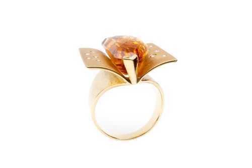 A citrine and diamond modern butterfly ring in 18 carat yellow gold