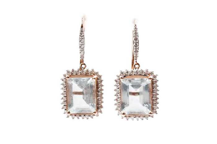 A pair of aquamarine and diamond earrings in 14ct rose gold