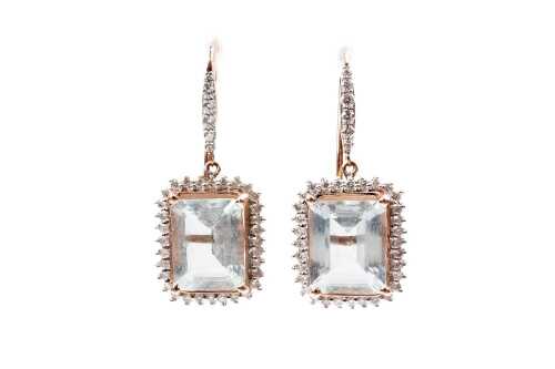 A pair of aquamarine and diamond earrings in 14ct rose gold