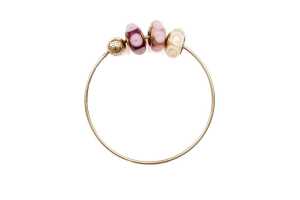 A Pandora bangle with three Murano glass charms in 14 carat yellow gold