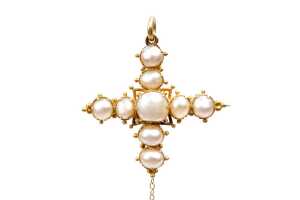 A Victorian antique pearl cross brooch/pendant in 18 carat yellow gold - 2