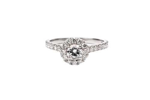 A diamond halo ring in platinum