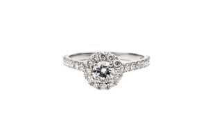 A diamond halo ring in platinum