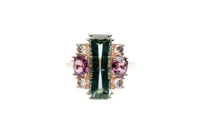 A green, purple tourmaline and diamond ring in 9 carat rose gold
