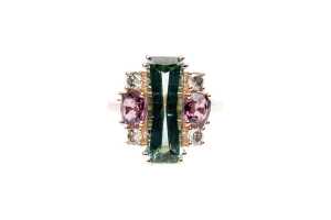 A green, purple tourmaline and diamond ring in 9 carat rose gold