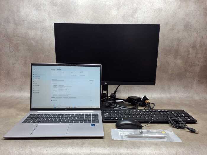 HP ZBook laptop plus HP Rechargeable Active Pen G3, keyboard, monitor, Logitech mouse and cables