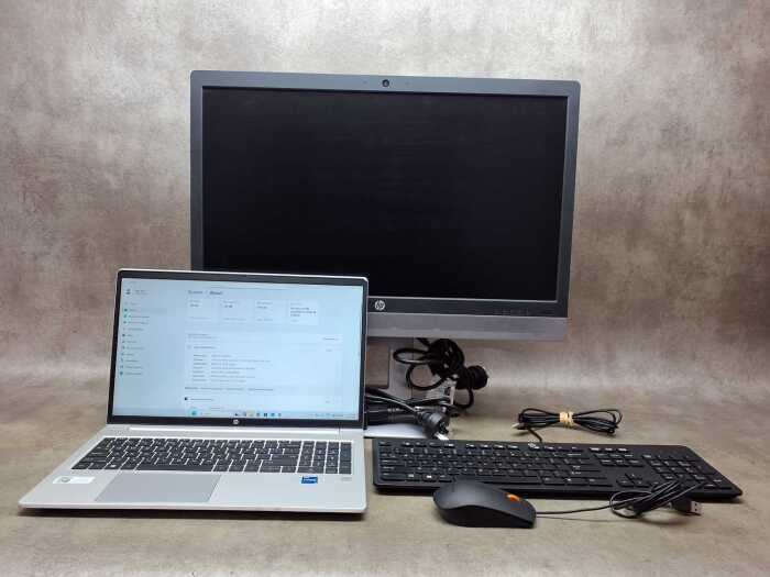 HP ProBook laptop plus keyboard, monitor, Lenovo mouse and cables