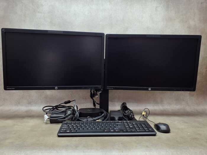 Pair of HP EliteDisplay S231d 23-Inch monitors with dual stand, mouse and docking station