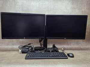 Pair of HP EliteDisplay S231d 23-Inch monitors with dual stand, mouse and docking station
