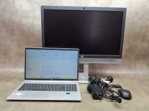 HP ProBook laptop plus monitor, mouse and cables
