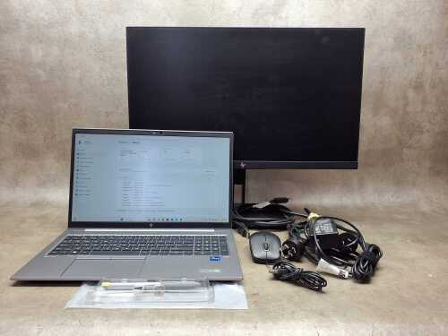 HP ZBook laptop plus HP Rechargeable Active Pen, G3 monitor, Logitech mouse and cables
