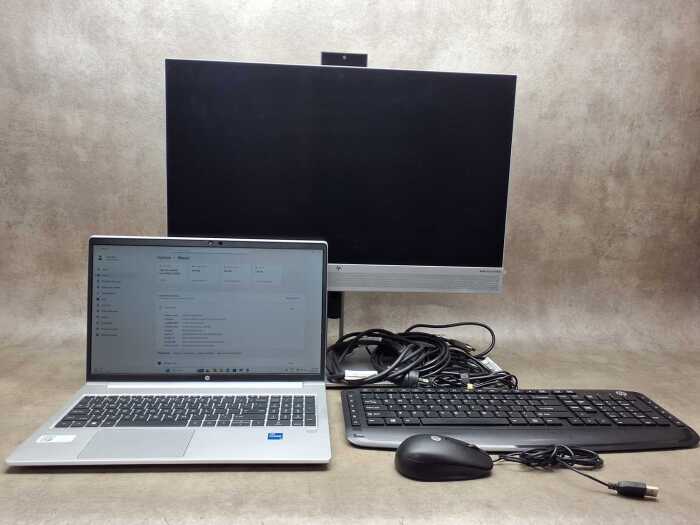 HP ProBook laptop plus keyboard, monitor, mouse and cables