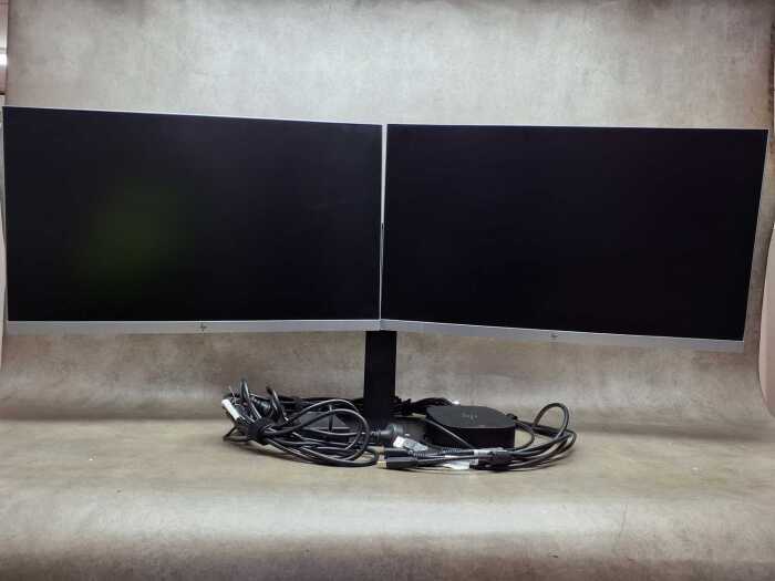 Pair of HP EliteDisplay E273 27-Inch monitors with dual stand and docking station