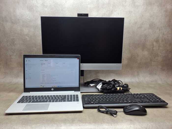 HP ProBook laptop plus keyboard, monitor, mouse and cables