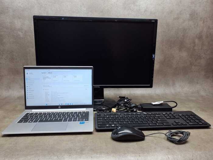 HP ProBook laptop plus keyboard, monitor, mouse and cables