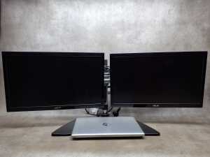 HP Pro Book laptop plus keyboard, two ASUS monitors, mouse and cables - 4