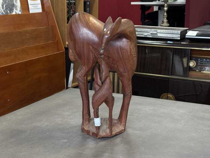 Hand-carved timber deer and fawn sculpture