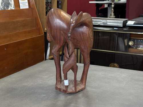 Hand-carved timber deer and fawn sculpture
