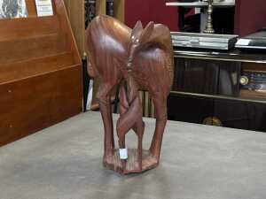 Hand-carved timber deer and fawn sculpture