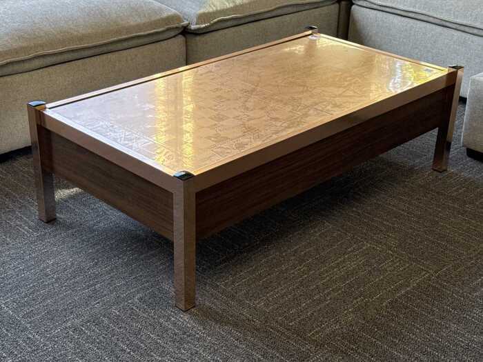 1970s anodised copper coffee table with wine rack