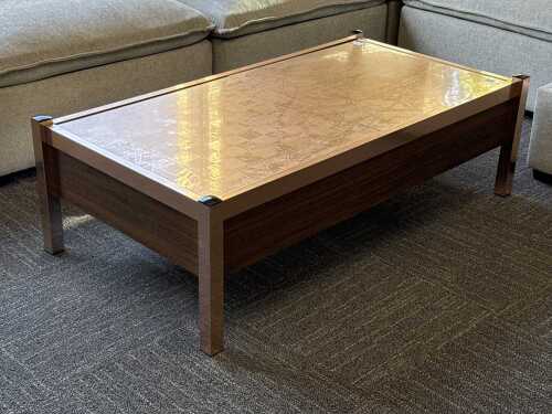 1970s anodised copper coffee table with wine rack