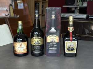 Three bottles of fortified wines including Wolf Blass tawny port 750mL in presentation box,