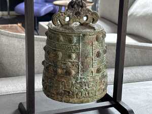 Chinese metal ritual bell mounted on timber display stand - 2