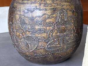 Two Asian decorator pieces including a Chinese sculpture in the shape of an elephant tusk and an 'Indian' pot. - 3