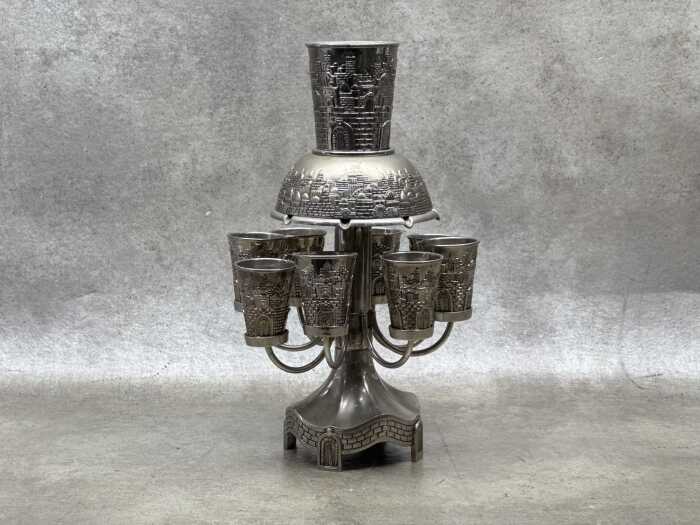 Jewish silver-tone wine fountain with small goblets