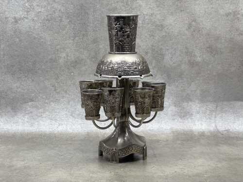 Jewish silver-tone wine fountain with small goblets