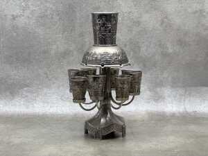 Jewish silver-tone wine fountain with small goblets