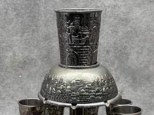 Jewish silver-tone wine fountain with small goblets - 2