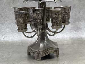 Jewish silver-tone wine fountain with small goblets - 3