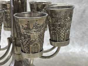Jewish silver-tone wine fountain with small goblets - 4