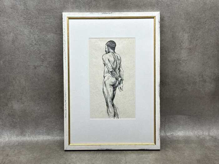 Roz McQuillan, Male Nude Standing. Ink drawing on paper