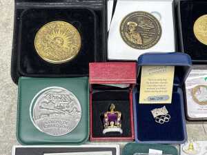A tin of badges, medallions, and a tiny gold nugget - 2