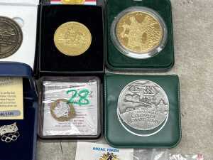 A tin of badges, medallions, and a tiny gold nugget - 3