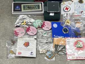 A tin of badges, medallions, and a tiny gold nugget - 4