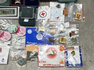 A tin of badges, medallions, and a tiny gold nugget - 5